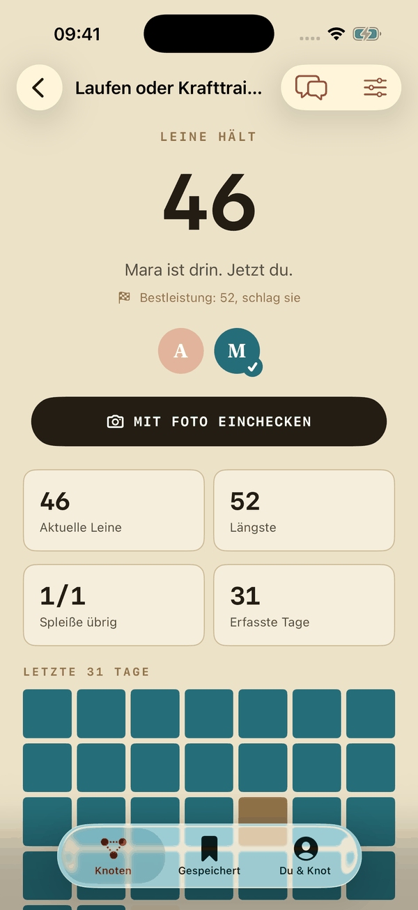 Knot-App: der Knoten „Laufen oder Krafttraining“ mit Mara, 46 Tage am Stück, darunter der Knopf zum Einchecken mit Foto und die letzten 31 Tage